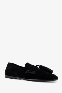 Dolce &amp; Gabbana men’s ariosto black suede loafers with tassel and decorative strap detail