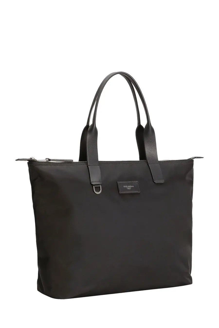 Dolce &amp; Gabbana men’s adamo large black nylon tote bag with leather handles and a small metal plaque