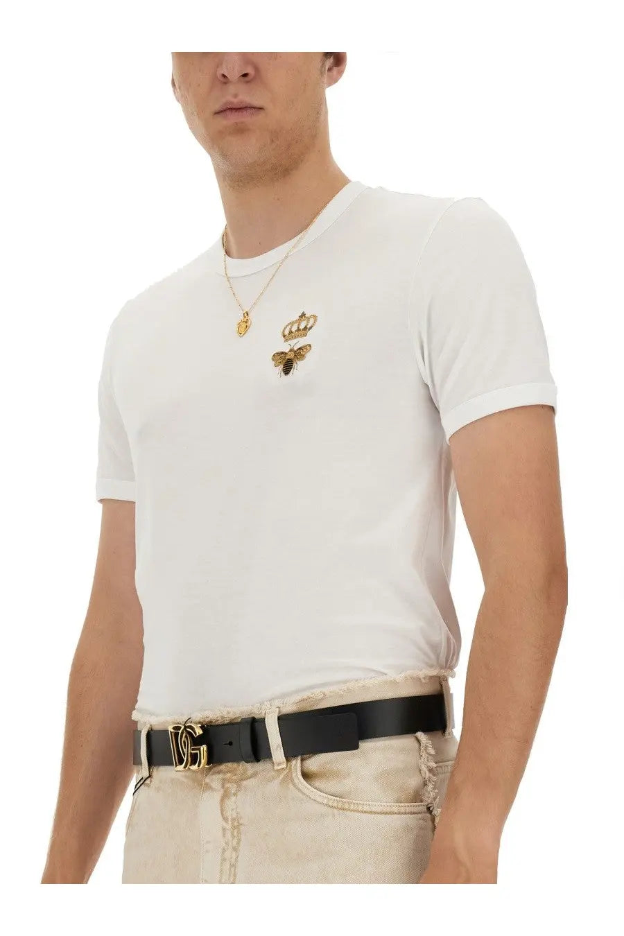 White cotton Dolce &amp; Gabbana men’s t-shirt with gold embroidered bee and crown design on the chest