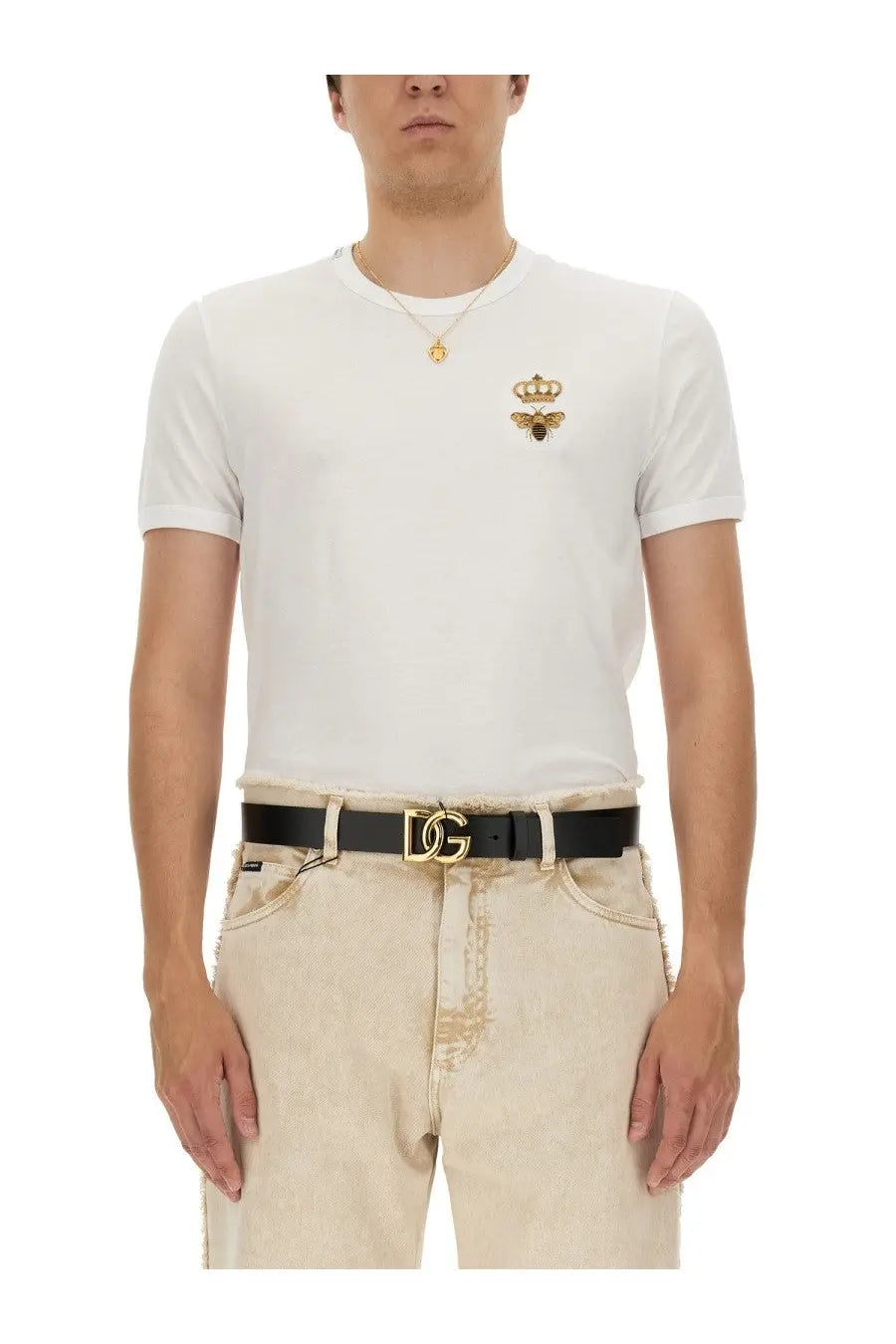 White cotton dolce &amp; gabbana men’s t-shirt with gold embroidered bee and crown logo on the left chest