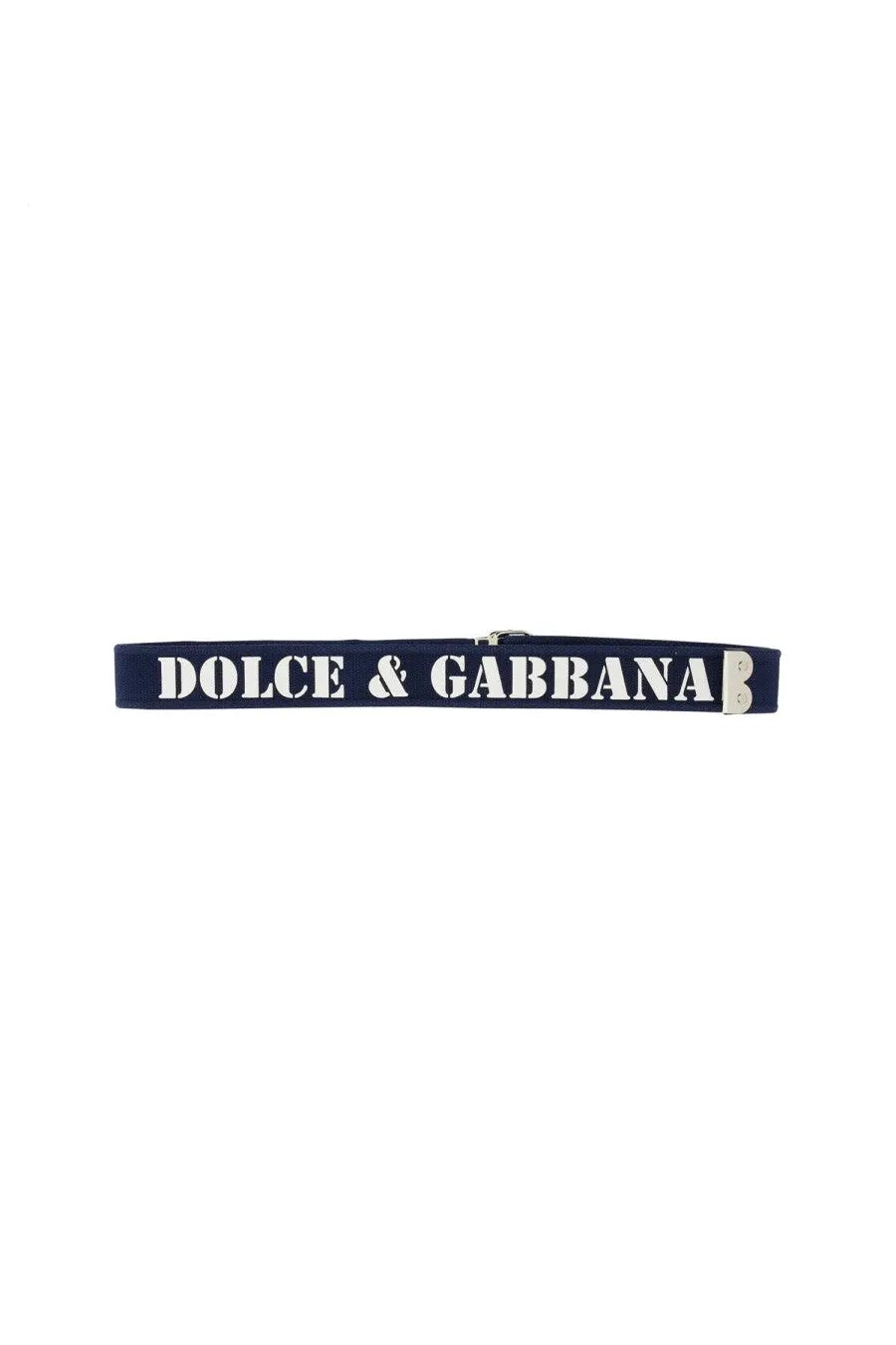 Navy blue dolce &amp; gabbana men’s belt with white logo and silver-toned buckle for stylish wear