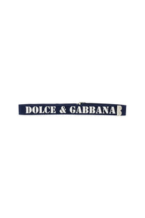 Navy blue dolce &amp; gabbana men’s belt with white logo and silver-toned buckle for stylish wear