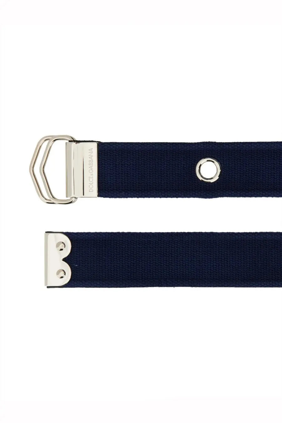 Dolce &amp; Gabbana men’s belt navy blue woven canvas with silver-toned metal buckle and prong closure