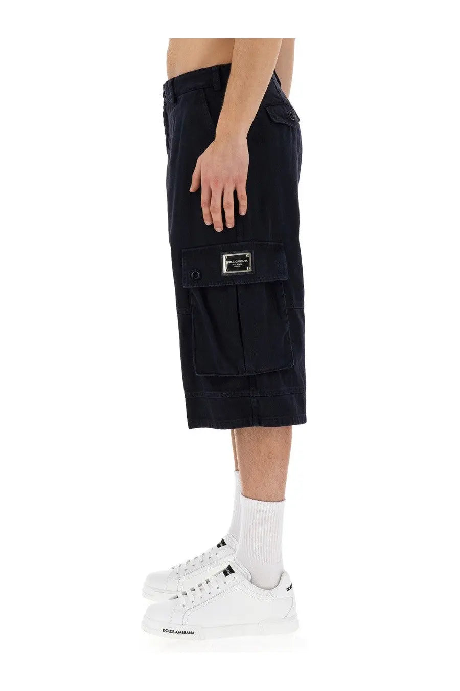 Dolce &amp; Gabbana men’s black cargo shorts with multiple pockets and branded patch on the thigh