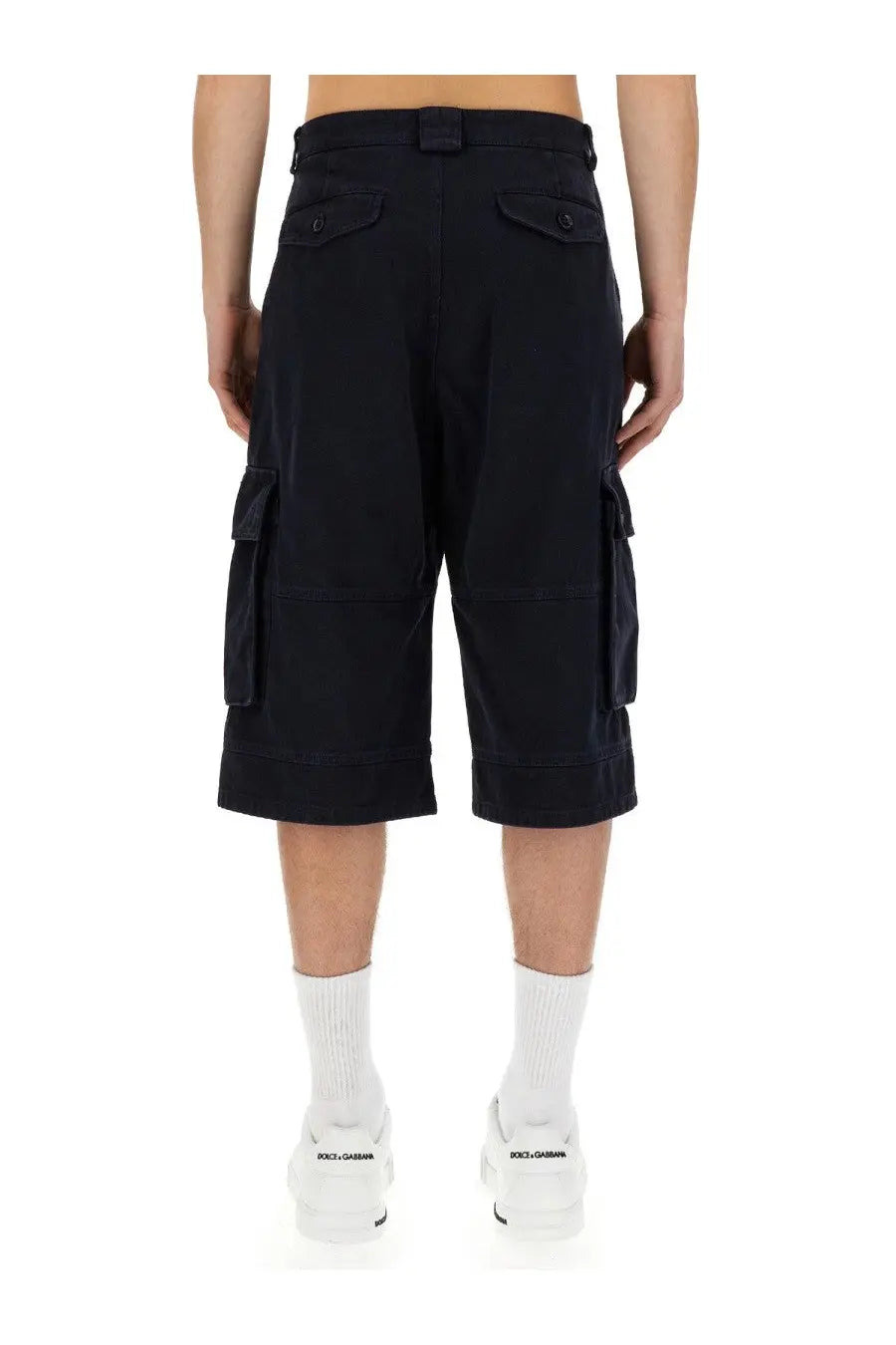 Black dolce and gabbana men’s bermuda cargo shorts with multiple pockets and belt looped at the waist