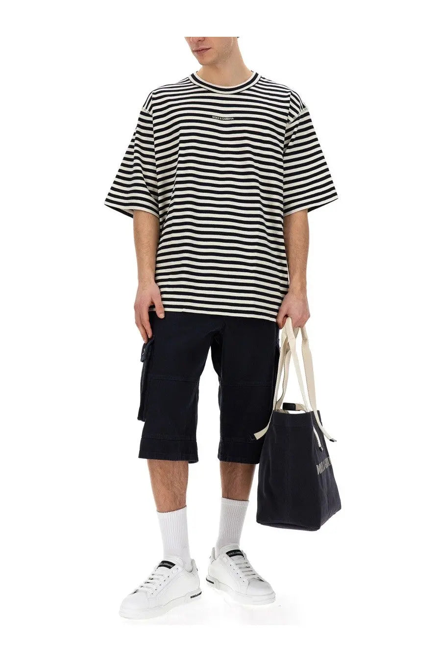 Dolce &amp; gabbana men’s bermuda cargo blue black and white striped oversized t shirt with embroidered chest logo