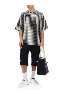 Dolce &amp; gabbana men’s bermuda cargo blue black and white striped oversized t shirt with embroidered chest logo