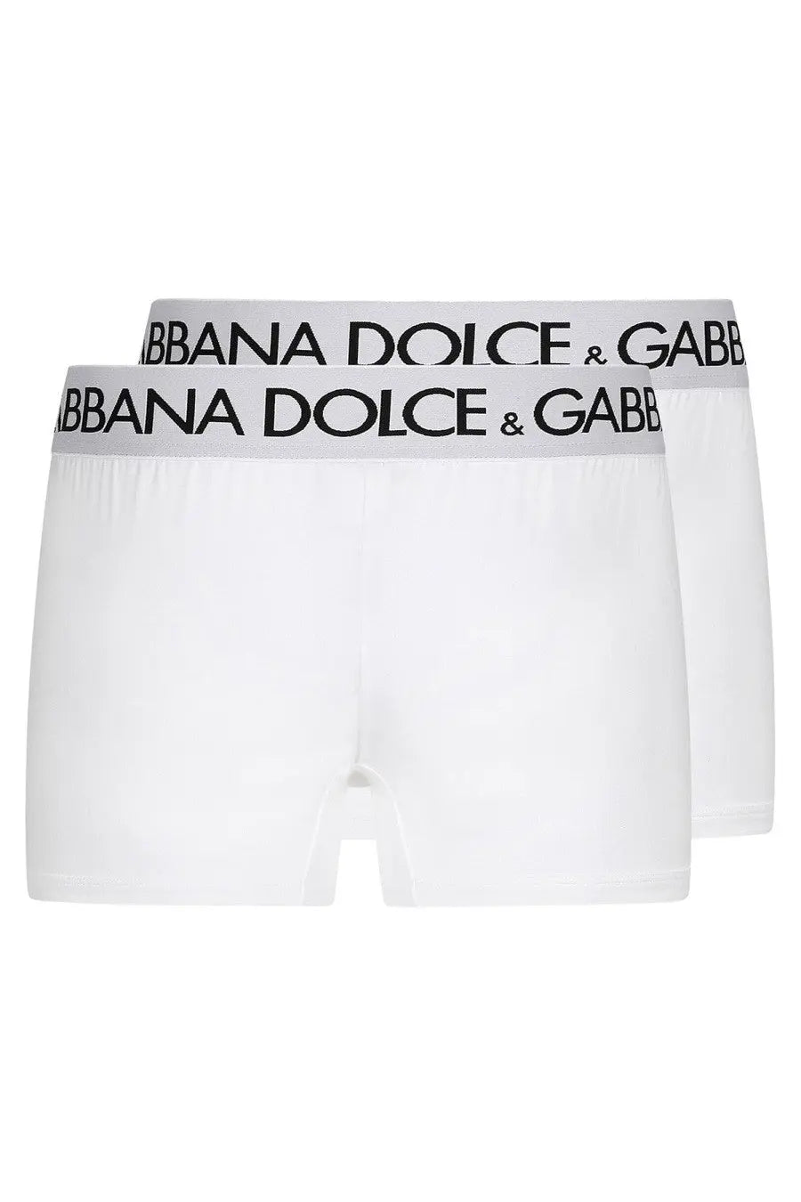 Dolce &amp; Gabbana men’s bi pack white boxer briefs with gray waistband featuring black logo text