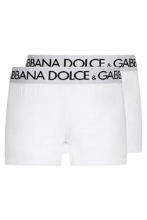 Dolce &amp; Gabbana men’s bi pack white boxer briefs with gray waistband featuring black logo text