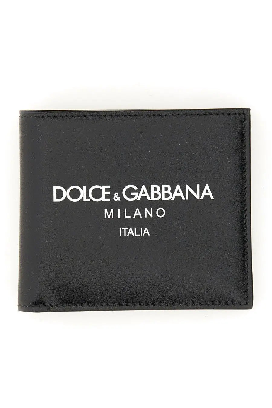Dolce &amp; Gabbana men’s bifold wallet in black leather with white embossed branding on the front side
