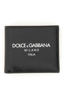 Dolce &amp; Gabbana men’s bifold wallet in black leather with white embossed branding on the front side
