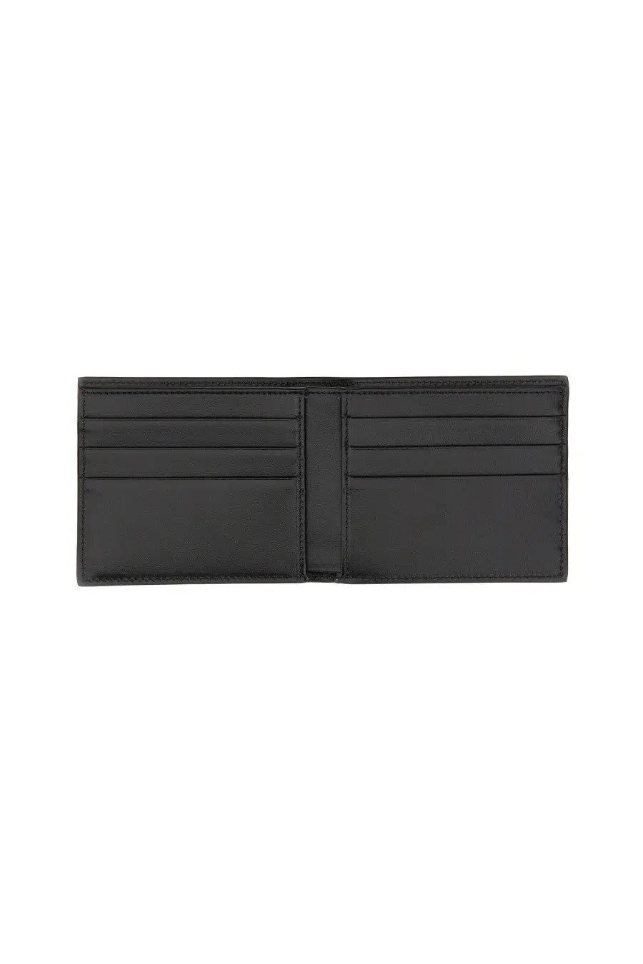 Dolce &amp; Gabbana men’s bifold wallet in black leather with multiple card slots and a central divider visible inside