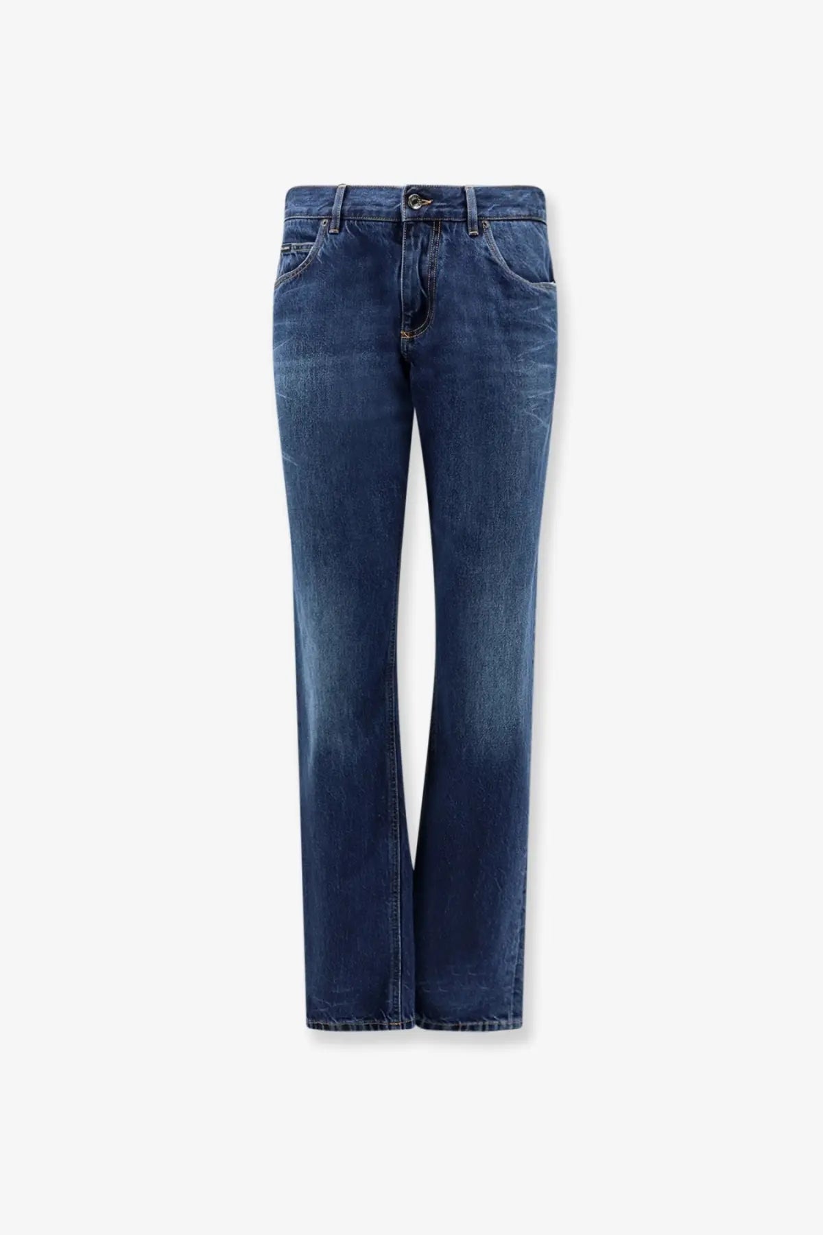Dolce &amp; Gabbana men’s blue dark-wash denim jeans with a straight-leg cut and classic five-pocket design