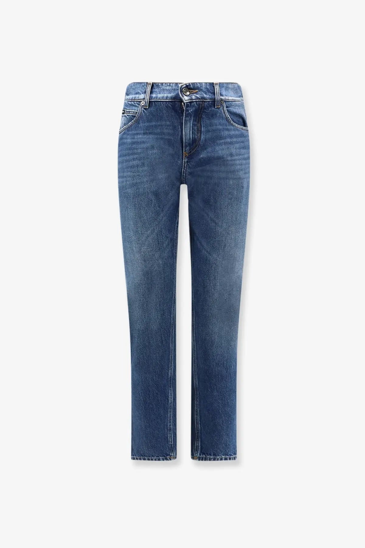 Dolce &amp; Gabbana men’s high-waisted straight-leg blue denim jeans with classic stitching and button closure