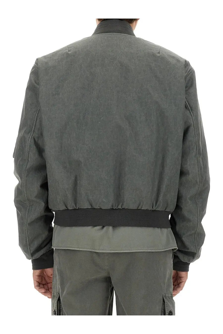 Dolce &amp; Gabbana men’s dark gray bomber jacket with subtle textured fabric and black ribbed waistband over grey background