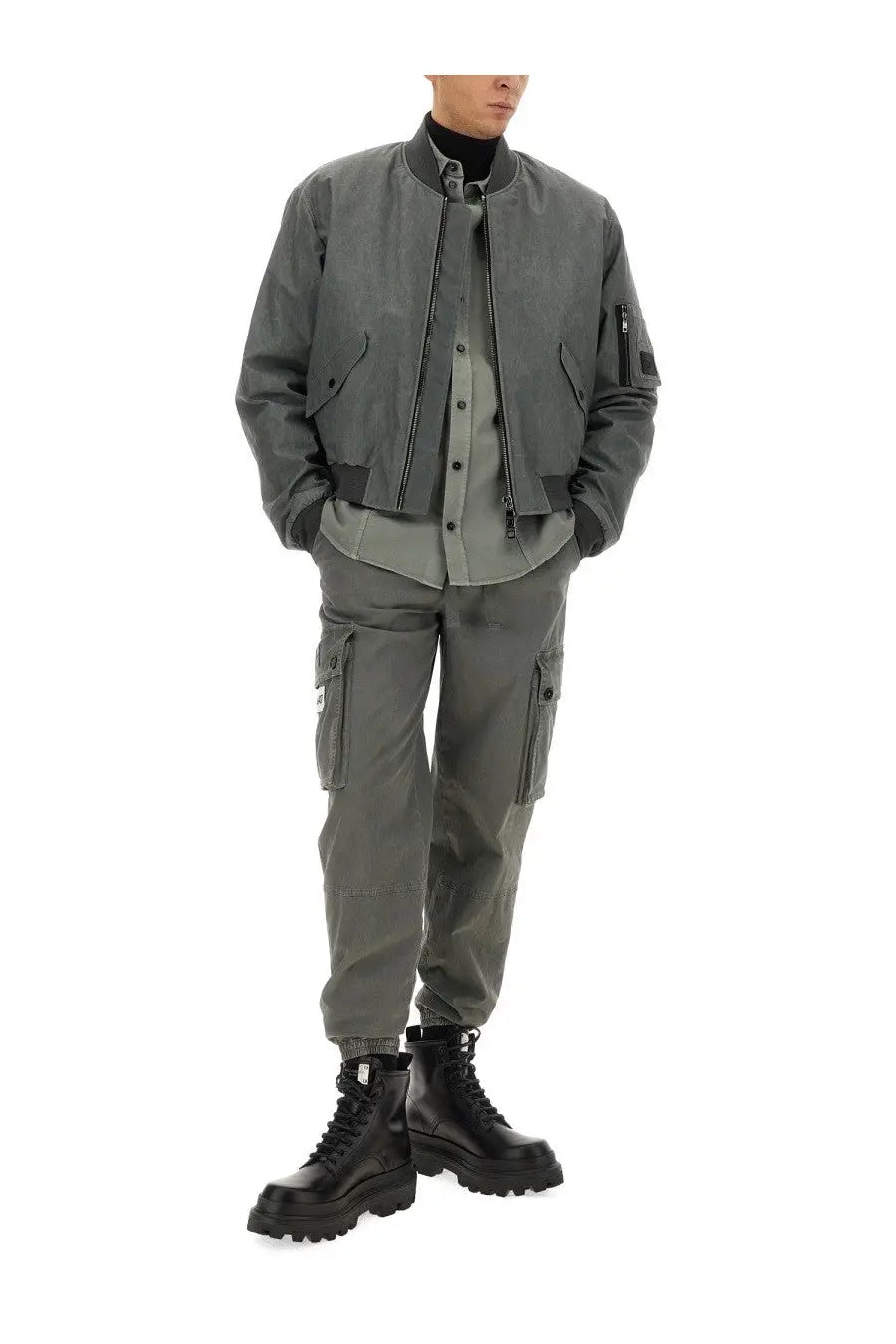 Dolce &amp; Gabbana men’s gray bomber jacket with matte finish and subtle tonal detailing over grey background