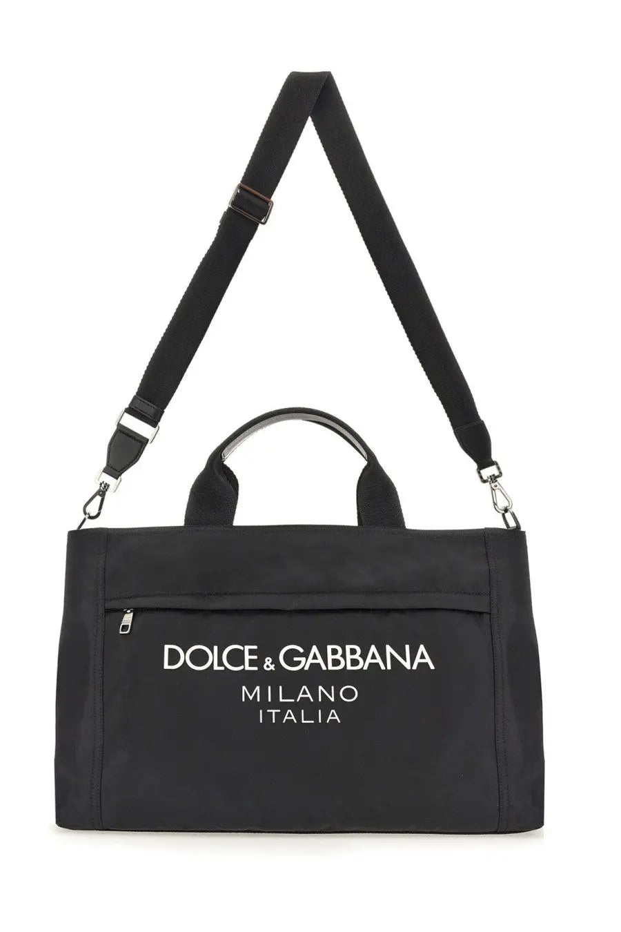 Black dolce &amp; gabbana milano italia nylon tote bag with white logo and adjustable shoulder strap for men