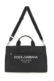 Black dolce &amp; gabbana milano italia nylon tote bag with white logo and adjustable shoulder strap for men
