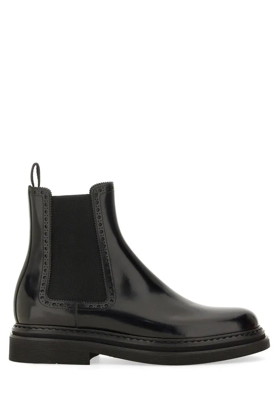 Dolce &amp; Gabbana men’s black patent leather chelsea boot with decorative brogue detailing and rubber sole