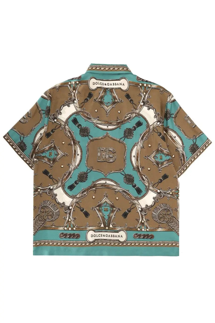 Dolce &amp; Gabbana men’s short-sleeved shirt with bold ornate teal and brown pattern and metallic accents
