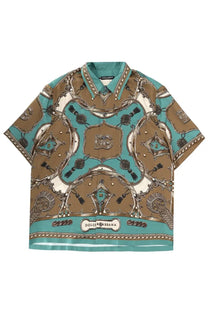 Dolce &amp; Gabbana men’s camicia Hawaii multicolor short-sleeved shirt with bold teal and brown ornate pattern and metallic accents