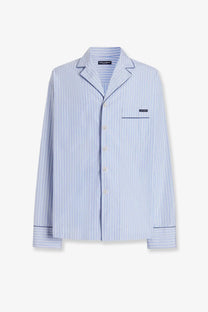 Dolce &amp; Gabbana men’s light blue and white striped cotton silk pajama shirt with navy trim and button-up front