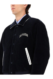 Dolce and gabbana men’s black corduroy varsity jacket with white embroidered logo and contrasting sleeve stripes