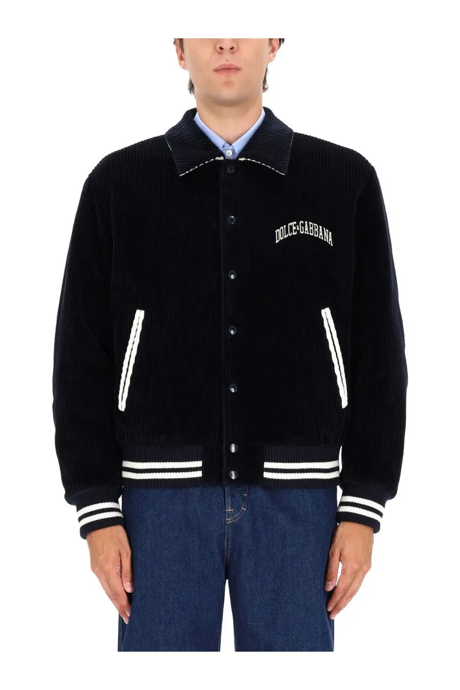 Dolce &amp; gabbana men’s black corduroy varsity jacket with white embroidered logo and contrasting stripes