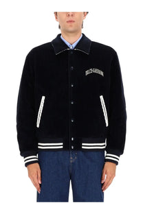 Dolce &amp; gabbana men’s black corduroy varsity jacket with white embroidered logo and contrasting stripes
