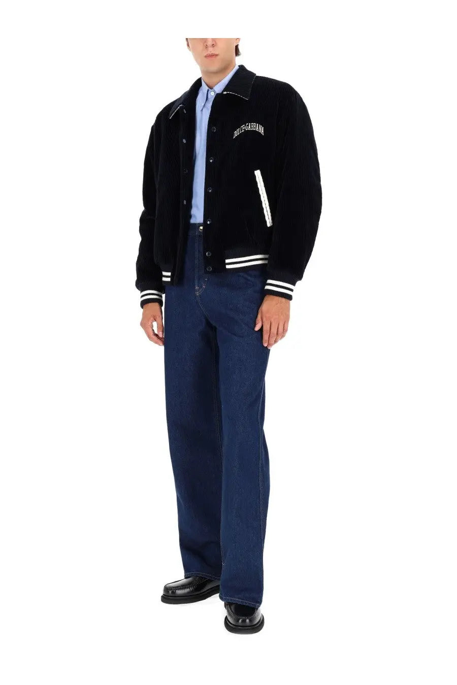 Dolce gabbana men’s black velvet bomber jacket with white embroidered logo and striped cuffs