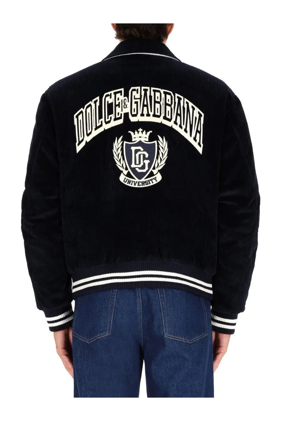 Dolce &amp; Gabbana men’s black corduroy bomber jacket with white embroidered dolce &amp; gabbana university logo and crest