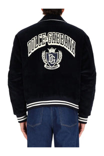 Dolce &amp; Gabbana men’s black corduroy bomber jacket with white embroidered dolce &amp; gabbana university logo and crest