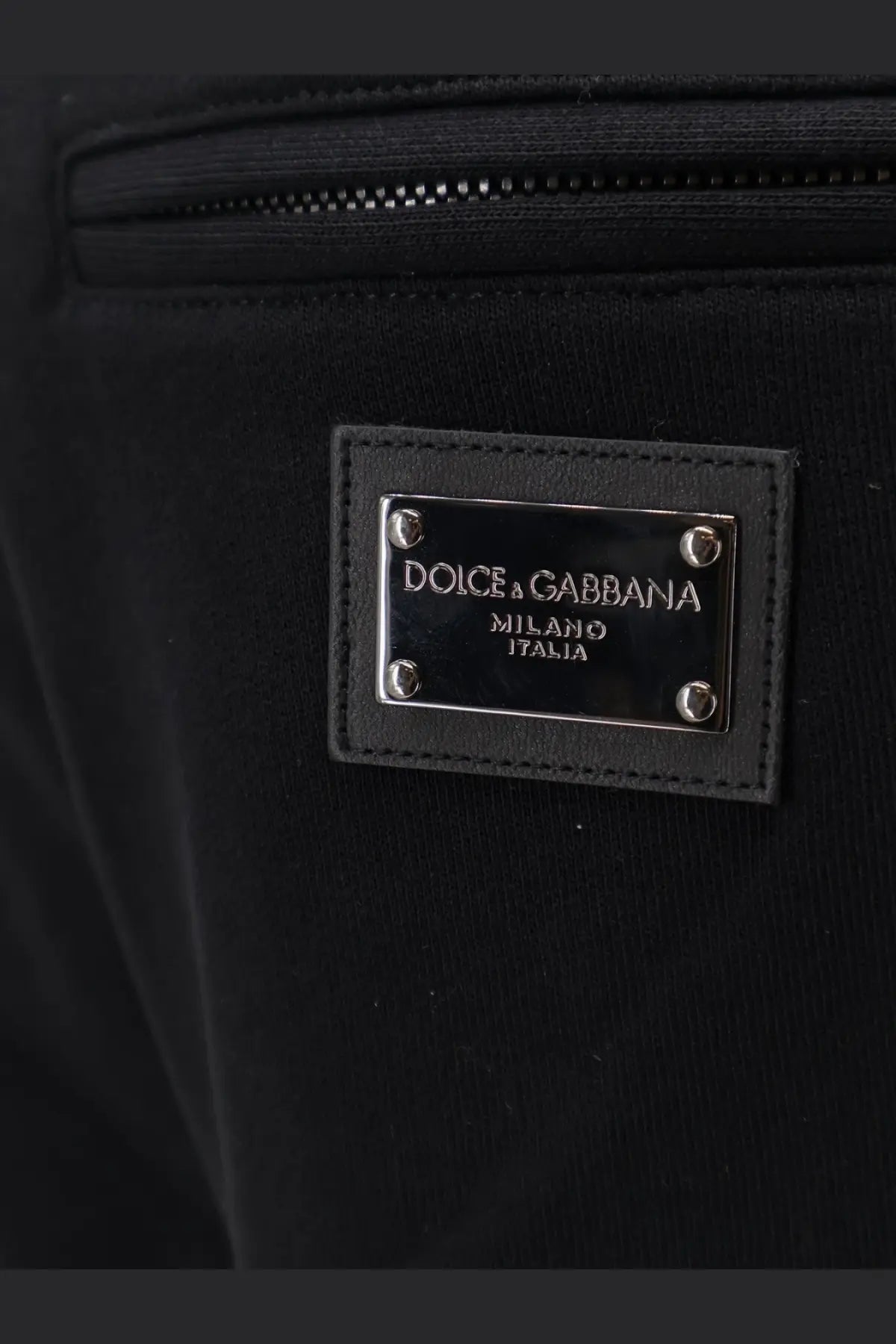 Black dolce and gabbana men’s cotton bermuda shorts with black leather patch and silver toned metal plaque