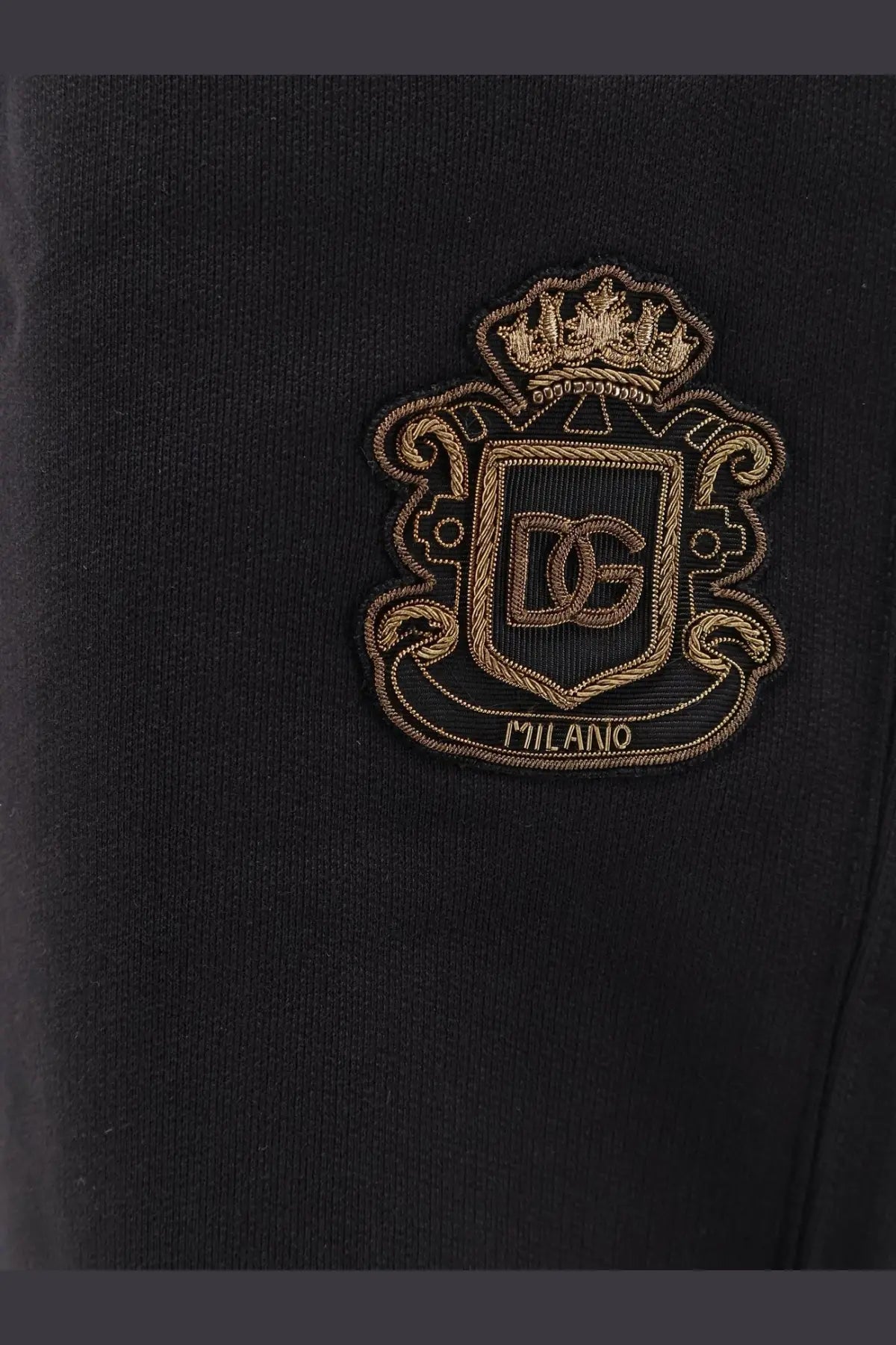 Dolce &amp; Gabbana men’s black cotton bermuda shorts with gold embroidered crest crown and Milano inscription