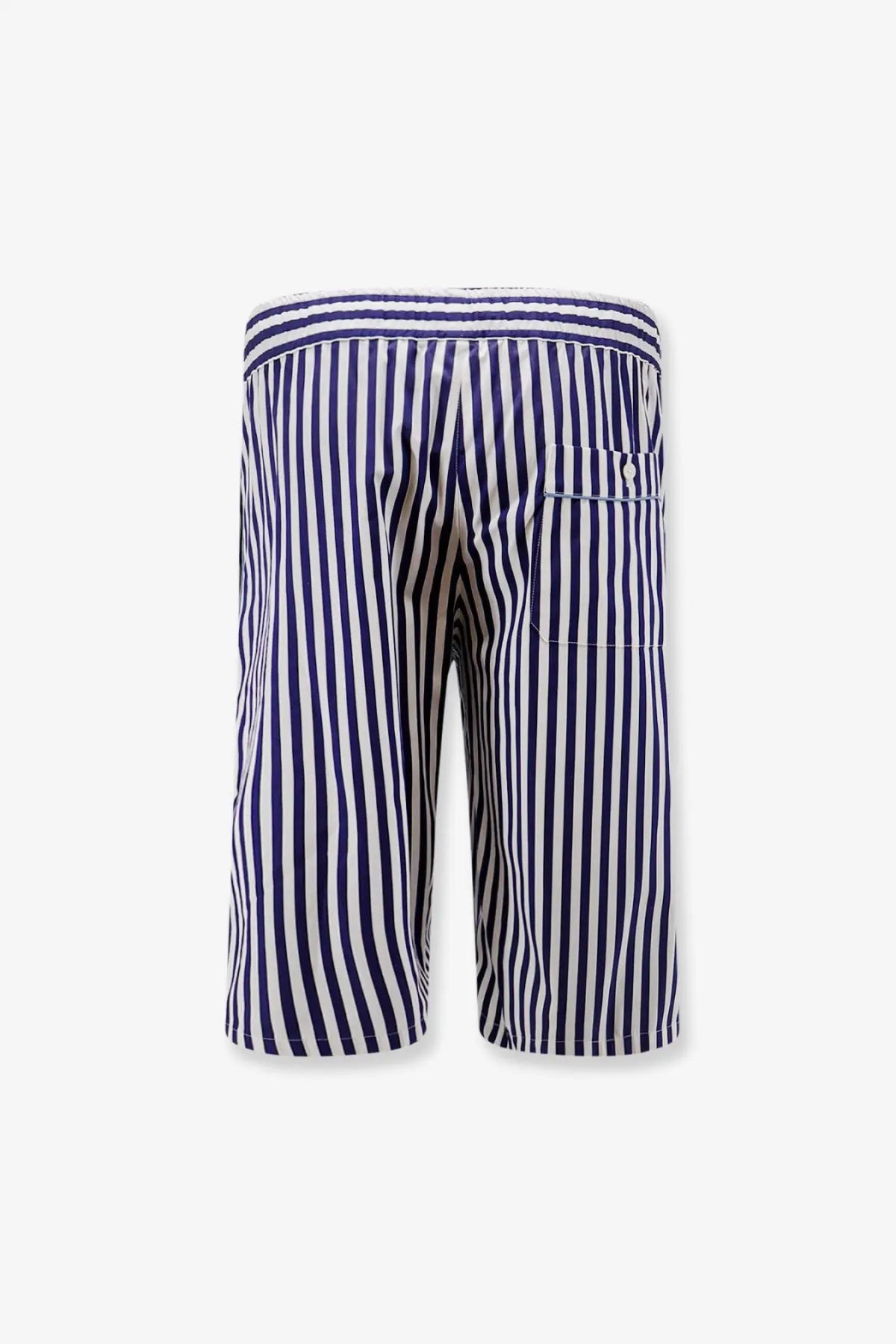 Dolce &amp; Gabbana men’s cotton bermuda shorts with navy and white vertical stripes and a single buttoned pocket