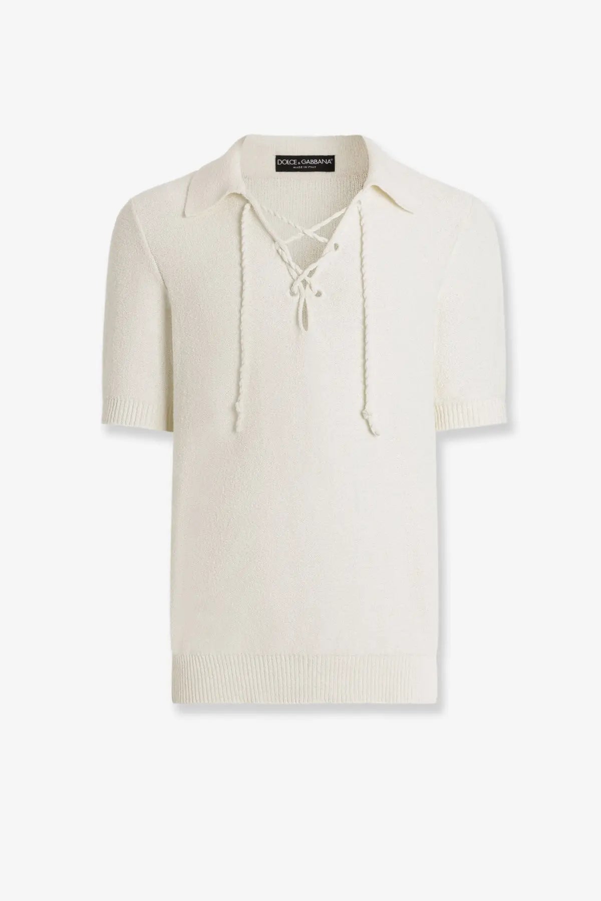 Dolce &amp; Gabbana men’s white cotton blend sweater cream knitted polo shirt with lace-up front and ribbed cuffs