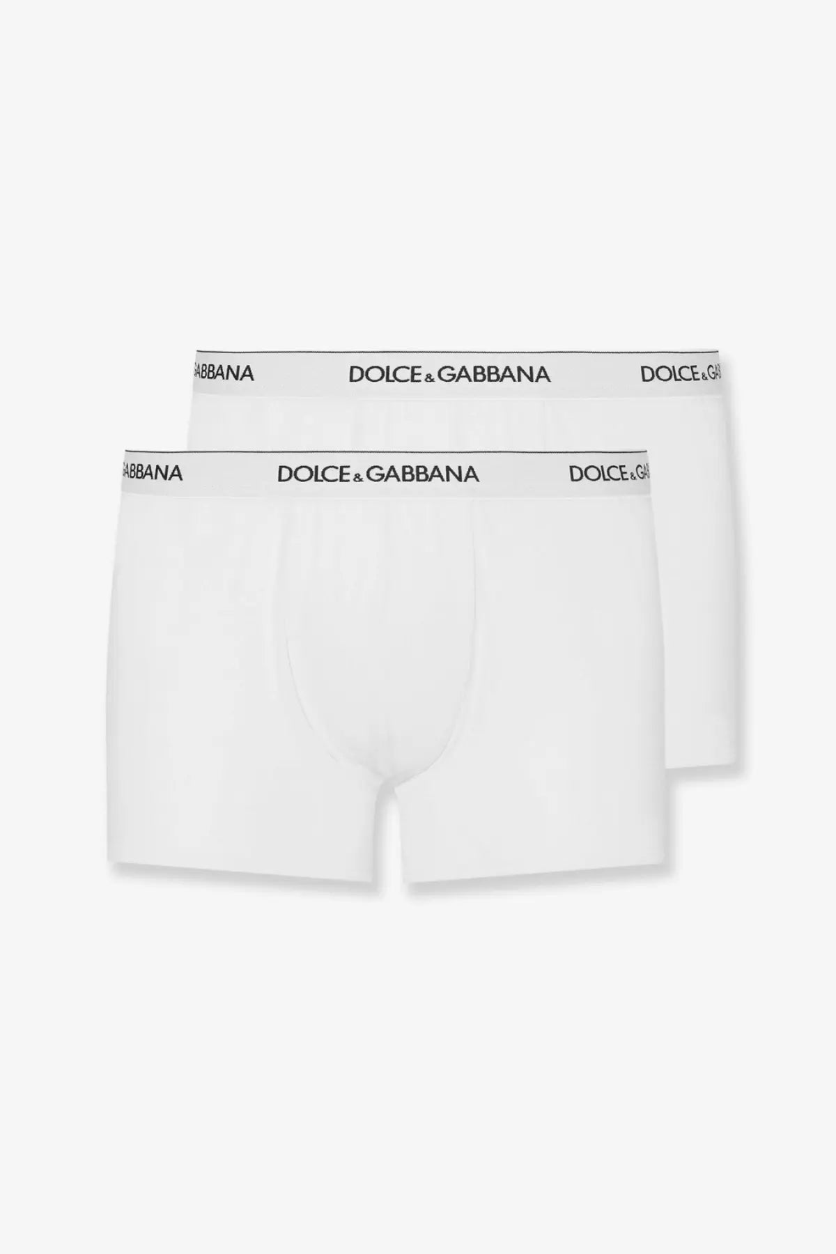 Dolce &amp; Gabbana men’s cotton boxer briefs in white with a black logo waistband for comfortable everyday wear
