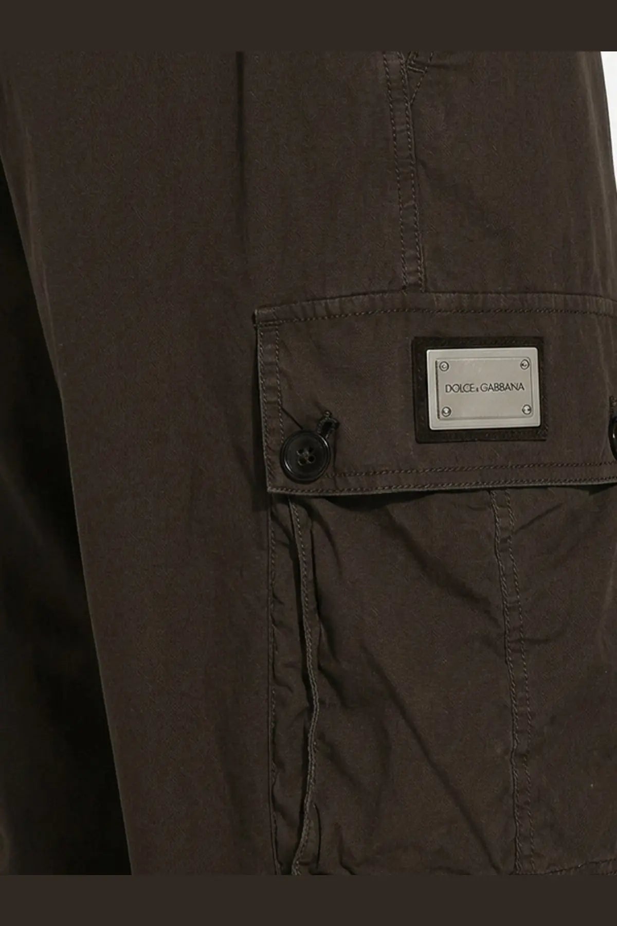 Dolce &amp; Gabbana men’s cotton cargo trousers in dark olive green with branded patch and button closure
