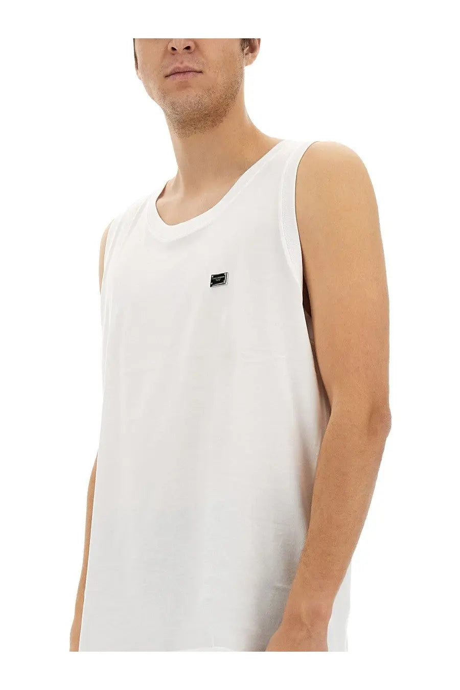 Dolce &amp; Gabbana men’s white cotton sleeveless tank top with a small black rectangular logo on the left chest