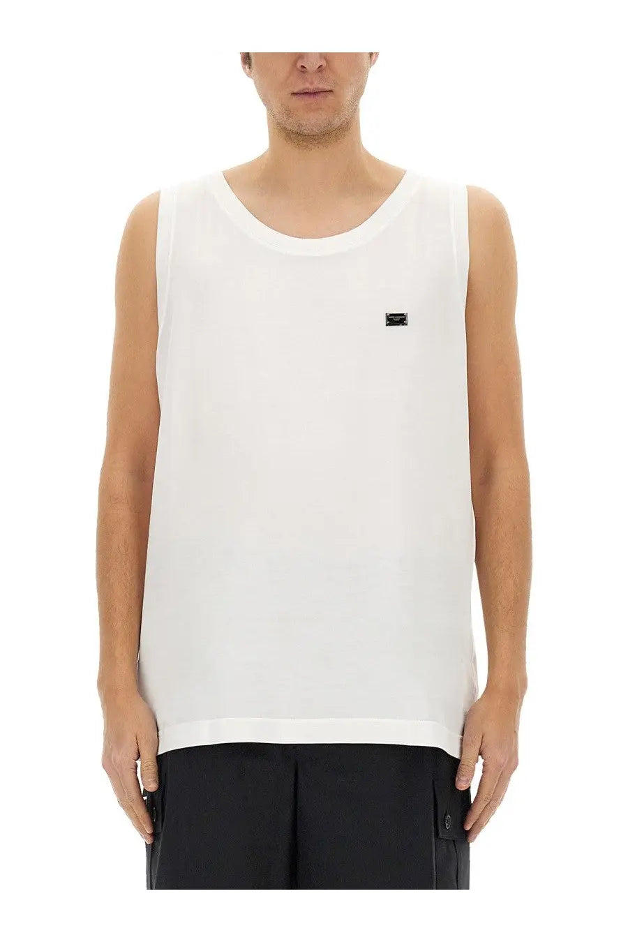 Dolce gabbana men’s white cotton sleeveless tank top with small black rectangular logo patch on left chest