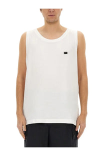 Dolce gabbana men’s white cotton sleeveless tank top with small black rectangular logo patch on left chest