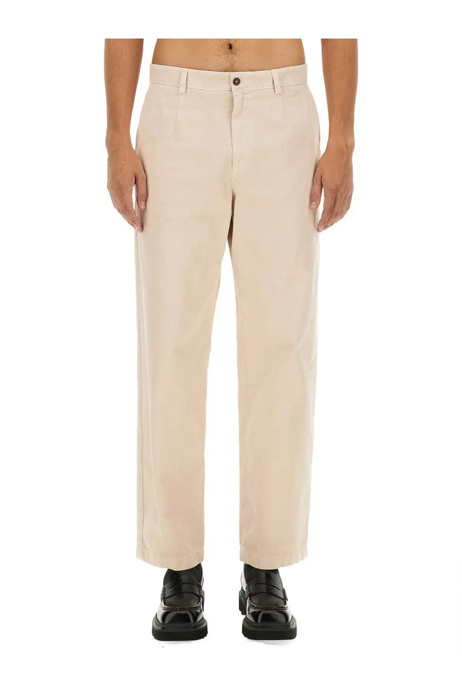 Beige cotton chino trousers by Dolce and Gabbana with straight-leg cut and subtle front pleats for men
