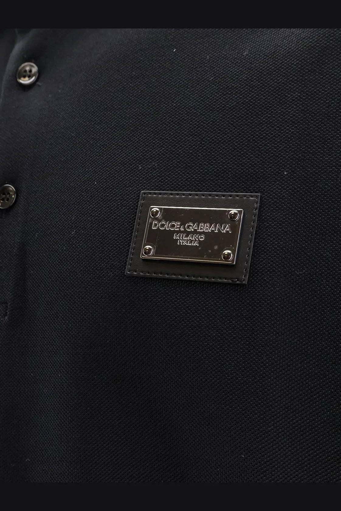 Black dolce &amp; gabbana men’s cotton polo shirt with leather milano italy patch and silver metal lettering on back