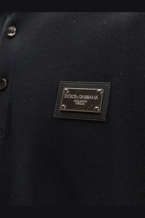 Black dolce &amp; gabbana men’s cotton polo shirt with leather milano italy patch and silver metal lettering on back