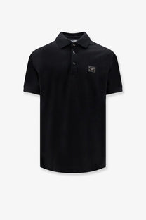 Dolce &amp; Gabbana men’s black cotton polo shirt with short sleeves collar button placket and a small chest patch