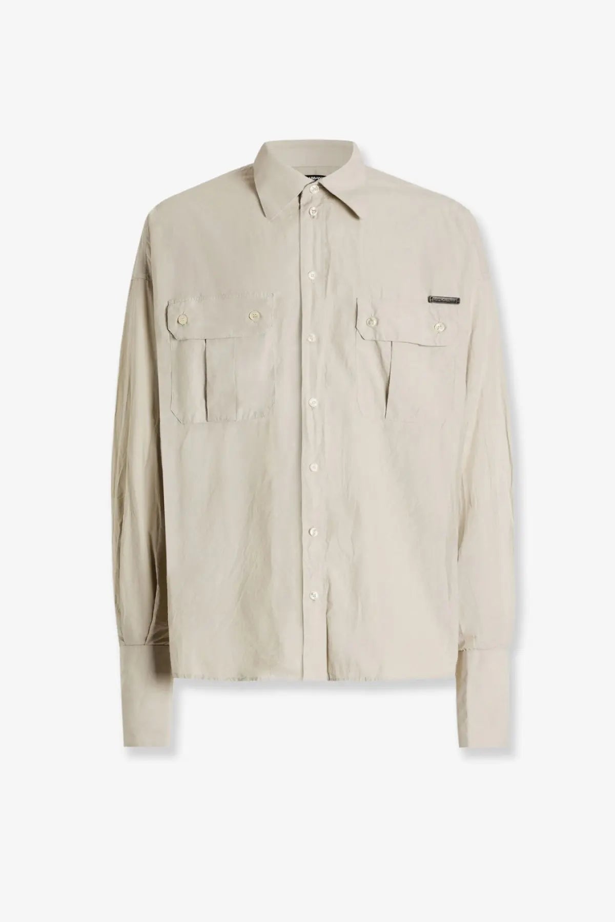 Dolce &amp; Gabbana men’s beige cotton long-sleeved button-up shirt with two chest pockets and subtle brand tag