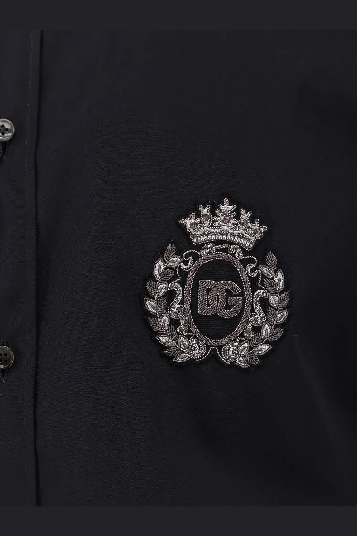 Dolce &amp; Gabbana men’s black cotton button-up shirt with ornate silver embroidered crest featuring crown and laurel wreath