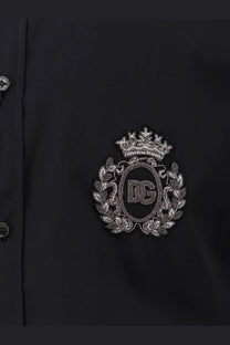 Dolce &amp; Gabbana men’s black cotton button-up shirt with ornate silver embroidered crest featuring crown and laurel wreath