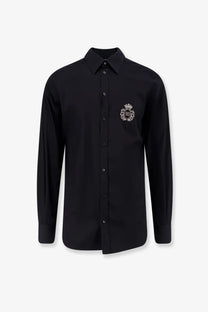 Dolce &amp; Gabbana men’s black cotton long-sleeved button-down shirt with silver embroidered crest on left chest