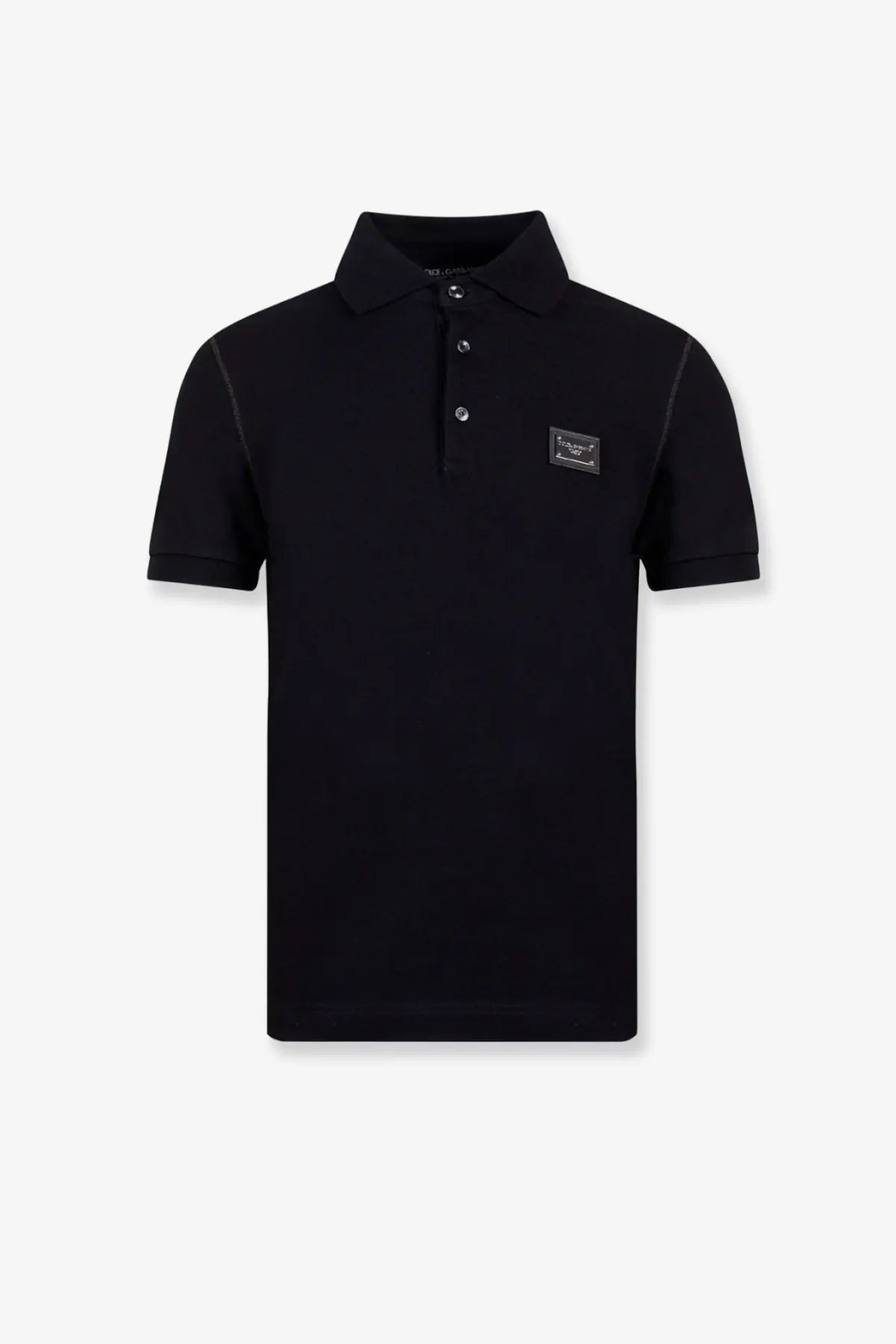 Dolce &amp; Gabbana men’s black cotton polo shirt with subtle textured fabric and silver toned buttons